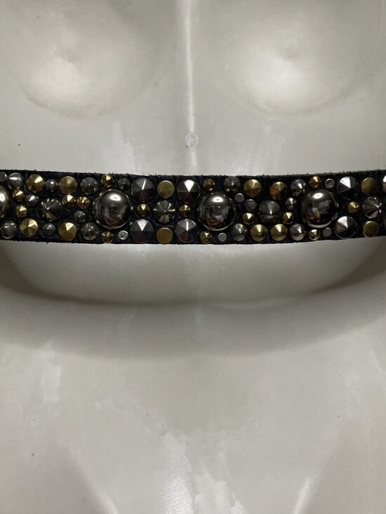 Michael Morrison Small Black Leather Gold & Silver Buckle Studded Statement Belt - Picture 8 of 11